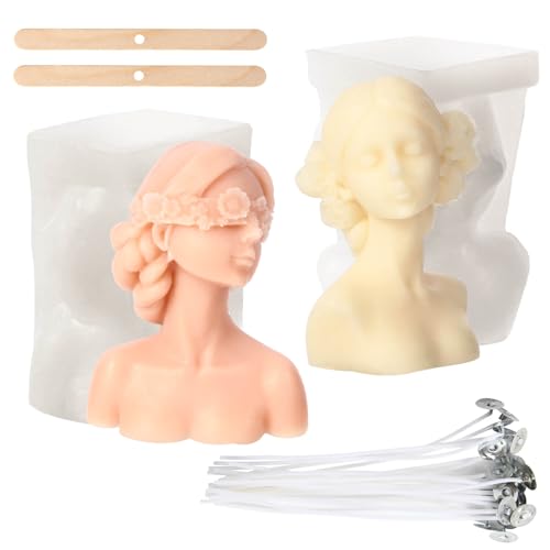 2Pcs 3D Girl Portrait Silicone Candle Molds Eyes Closed Blindfolded Girl Braid Women Body Sculpture Wax Resin Mold Aromatherapy Plaster Decoration Soap Candle Making Supplies