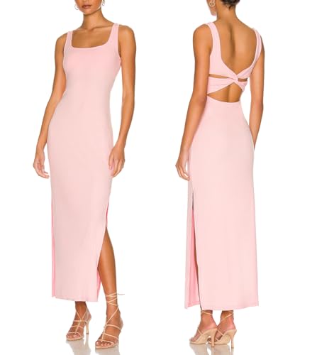 Image of ALENDA DANMOS Women Backless Maxi Dress High Sides Slit Bodycon Tank Dress Twist Low Back Casual Sundress 122