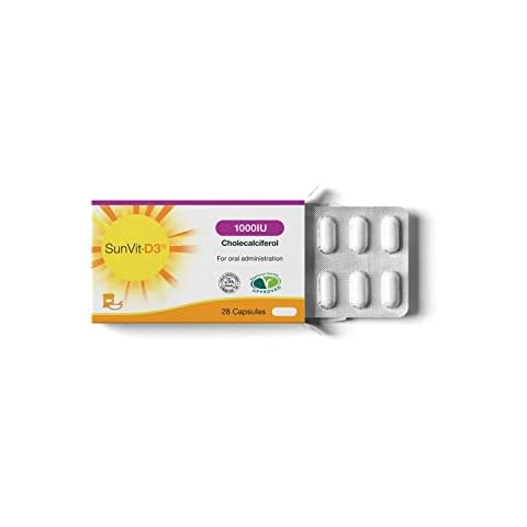 SunVit-D3 1,000iu Vitamin D3 Capsules x28 - Vegetarian & Halal Approved - Strong Bones & Healthy Teeth - Gluten & Dairy Free - (UK Manufactured) Cover