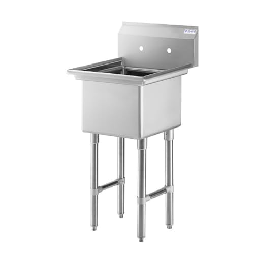 Image of Empura 24 inch Wide Stainless Steel One Compartment Commercial Sink | Prep Utility 18 x 18 Bowl for Restaurant Laundry Garage | 3.5 inch Drain Basket, 9.75 inch Backsplash, 23.5 inchW x 23 inchD x 44.25 inchH, 16 Gauge, NSF