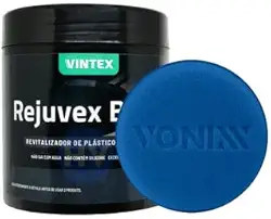 Revitalizador Rejuvex Black 400g com 2 Aplicador de Espuma Vonixx, revitaliza plásticos externos de carros, motos e caminhões.