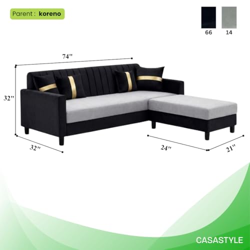 Image of CASASTYLE Korion 4 Seater L Shape Sofa Set with Movable Ottoman | Flexible Left or Right Layout | Cozy Velvet Fabric | Soft Touch Seating | Modern Designer Sofa for Living Room (Black-Light Grey)