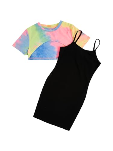 Image of SOLY HUX Girl's 2 Piece Outfits Short Sleeve Crop Top and Cartoon Print Cami Dress Set