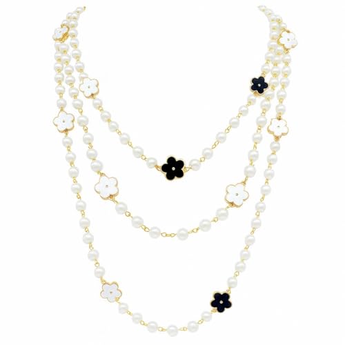 Black Clover Pearl Necklace for Women, Double Strand Gold Chain with Camellia Flower, Elegant Layered Jewelry for Sweaters, Outfits and Parties