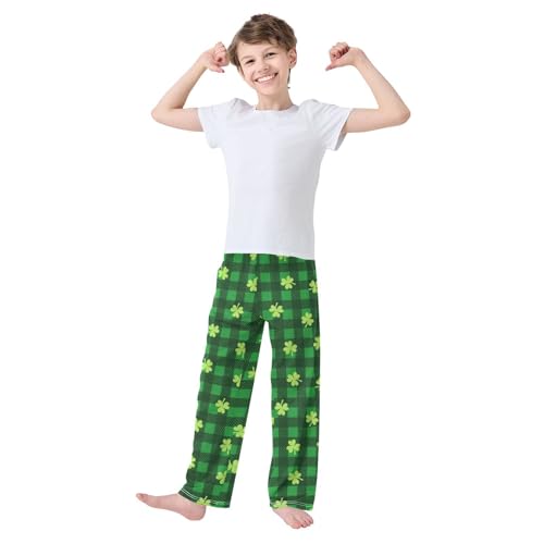 Clover Plaid Print Boys Long Pants Soft Trousers Elastic Waist Kids Lounge Bottoms with Pockets S-XL2