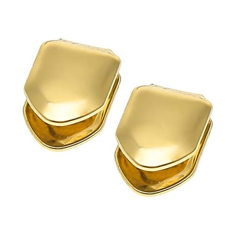 2 Pcs 14K Plated Gold Fake Teeth Single Tooth Caps Golden Mouth Teeth Dental Grills Hip Hop Teeth Braces Party Accessories Cover