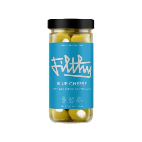 Filthy Cocktail Garnish, Blue Cheese Stuffed Olives, 8.5 Oz Jar, 14 Olives Cover
