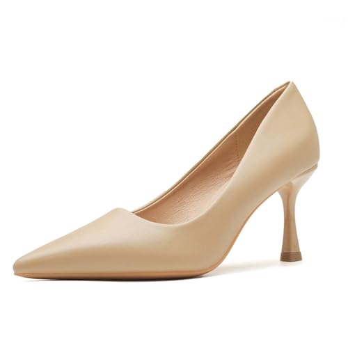 Women's Leather Slip On Kitten Heel Pumps Fashion Pointed Toe Mid Heels Business Work Office Dress Shoes Daily Breathable Non-Slip Pumps
