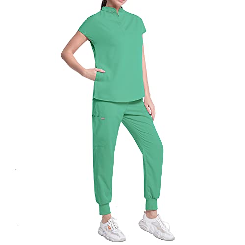 Women's Jogger Scrub Set with Pocket Medical Uniforms Include V-Neck Scrub Top and Pant Fitted Stretch Scrub Set-12 Color (Light Green,S,Small)