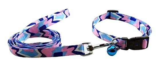 SSM PET MART Durable Printed Nylon Collar Harness and Leash with Adjustable Plastic Quick Release Buckle and Bell Set Ideal for Small Breed Adult Dogs, Cats (Blue,White) (B0BZPYT8ZH) Amazon Price History, Amazon Price Tracker