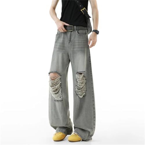Men’s Loose Fit Denim Pants, Hole Design, Solid Color, Straight Baggy Jeans, Trendy Summer Fashion3