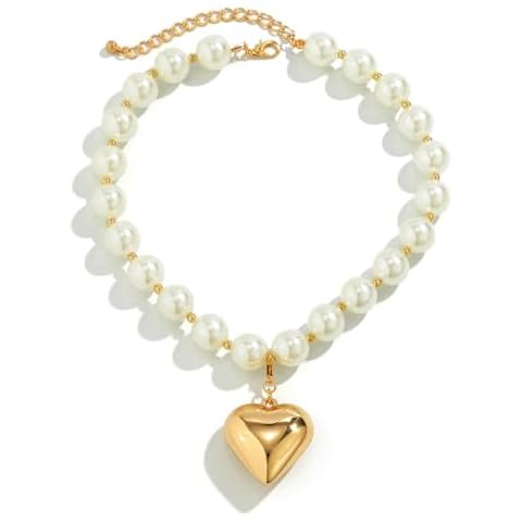 Heart Necklaces for Women Gold Chunky Heart Necklace Pearl Beads Choker Necklaces Y2k Necklace Trendy Jewelry Accessories Gifts (Pearl-Gold) Cover