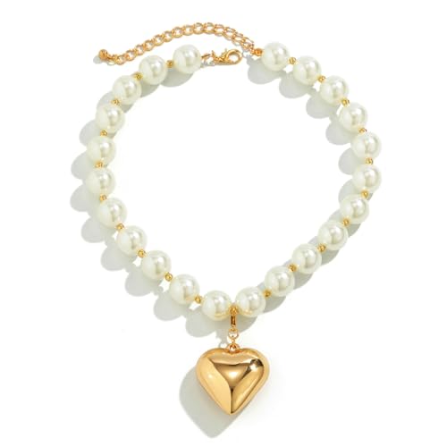 Heart Necklaces for Women Gold Chunky Heart Necklace Pearl Beads Choker Necklaces Y2k Necklace Trendy Jewelry Accessories Gifts