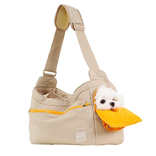 ONECUTE Business-Hundetasche für Kleine Hunde & Katzen – Klappbare Tragetasche mit Weichgepolstertem Hartboden, Belüftungsmesh & Seitentaschen – Elegant für Alltag, Outdoor & Büro (Khaki,40x14x25 cm)