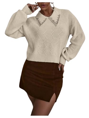 Image of Verdusa Women's Old Money Cable Knit Rhinestone Decor Knit Top Crew Neck Lapel Collar Lantern Sleeve Drop Shoulder Pullover Cropped Sweaters