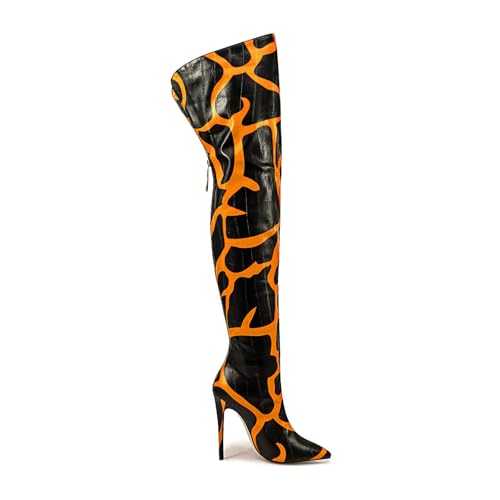 Image of Thigh high boots for women striped Back zipper Burgundy Zebra Print Over the knee Sexy gold white pointed toe Cow Print leopard Magenta stiletto heel