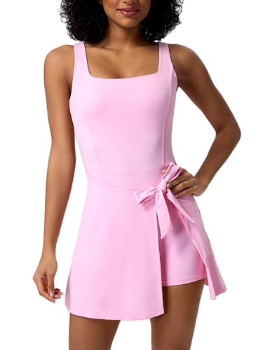 ABOCIW Womens Square Neck Tennis Dress Workout Rompers Wrap Skirt Built in Shorts Golf Athletic Dress