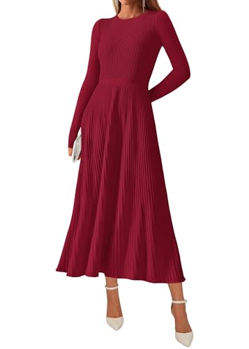 KIRUNDO Women Sweater Dress Holiday Ribbed Knit Long Sleeve Slimming Maxi Dress Fall Pleated Elegant A Line Winter Dresses(Burgundy, Large)