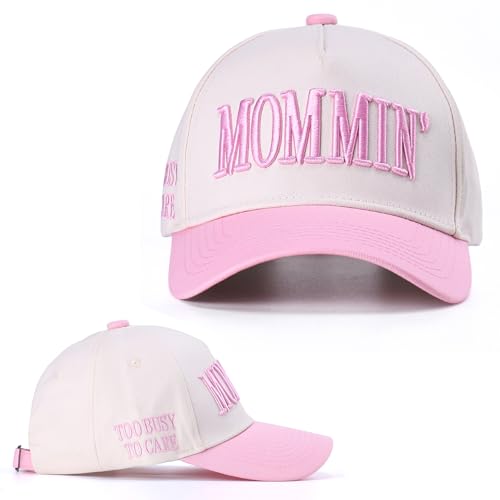 Vintage Two-Tone Trucker Hat Adjustable Baseball Cap with Mommin Embroidery Ponytail Fit Unisex Outdoor Casual Headwear (White-Pink)