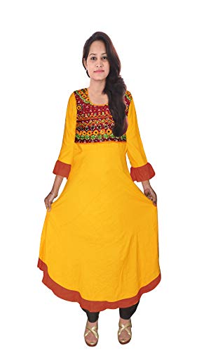 Lakkar Haveli Embroidered Long Dress Indian Women's Cotton Tunic Ethnic Wedding Wear Kurti Frock Suit Yellow (2XS)