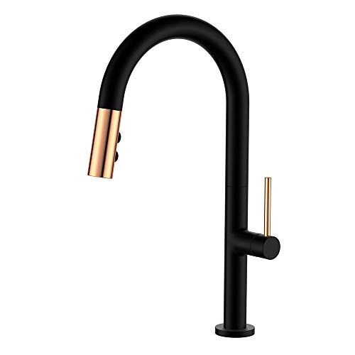 QTHWB faucets with Down Sprayer, 2, Pull out, Kitchen Sink, All Copper, Hot and Cold Single Handle Universal Swivel, Faucet-Black(Black)