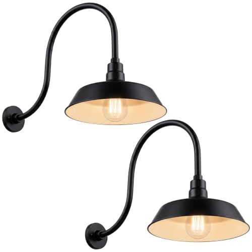 Image of 14in. Satin Black Outdoor Gooseneck Barn Light Fixture With 24in. Long Extension Arm - Wall Sconce Farmhouse, Antique Style - UL Listed - 9W 900lm A19 LED Bulb (5000K Cool White) - 2-Pack
