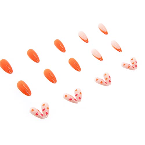 Sinhot French Tip Round Press On Naills Medium Fake Nails Heart Glue On Nails Orange Glossy False Nails Full Cover Oval Acrylic Nails For Women & Girls 24Pcs #TOP3