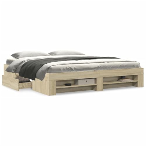 Sufrk Canapé Sonoma - Cubrecama de roble Sonoma, 200 x 200 cm, de madera multicapa - Estructura cama de matrimonio - Cabecero elegante de metal - Estilo rústico moderno