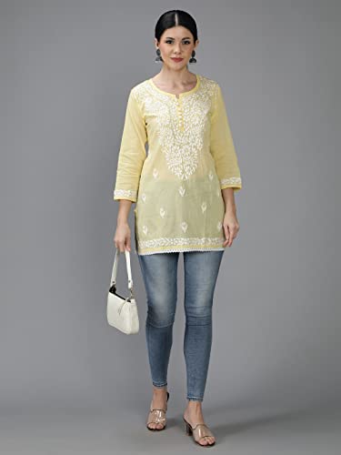 Image of Seva Chikan Hand Embroidered Lucknowi Chikankari Cotton Short Top Tunic for Women SCL9017
