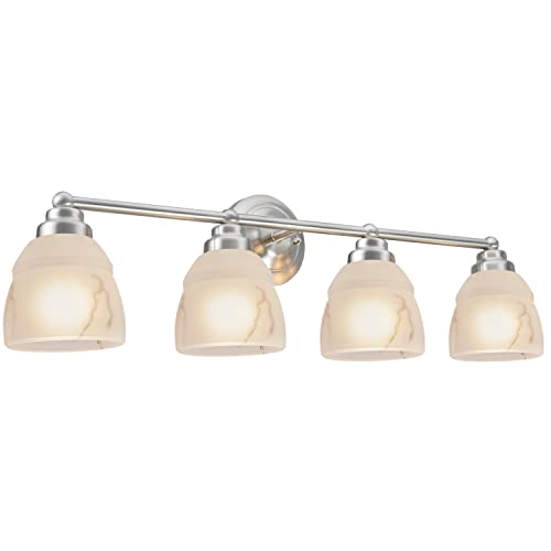 Image of Aspen Creative Satin Nickel 62193-1, Four Metal Bathroom Vanity Wall Light Fixture, 4 3 /4 inch Wide, Transitional Design Faux Alabaster Glass Shade
