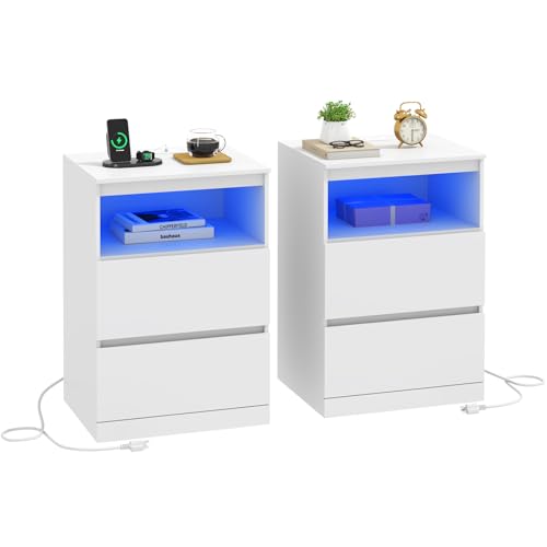 Asgolion Nachttisch 2er Set Beistelltisch mit Steckdosenleiste und LED mit versteckter Schublade 2 AC-Steckdosen 1 USB-A-Anschluss 1 USB-C-Anschluss 3 Schubladen modern Weiß EU25NS664W