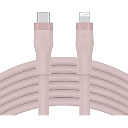 Cargador Belkin Rosa Belkin Cable de silicona USB-C a Lightning de 3 m BoostCharge Flex, Certificación MFi, Carga Rápida PD de 20 W para iPhone 14/14 Plus, 13, 12, Pro, Max, Mini, SE, iPad y Otros, Rosa