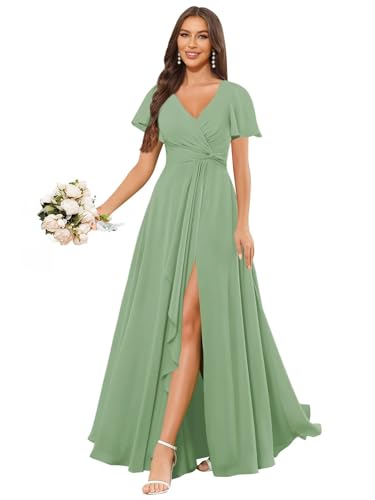 Image of HANVAIOS Long Sage Green Bridesmaid Dresses for Wedding Chiffon V Neck Short Sleeve Evening Gown with Slit Pocket Size 8