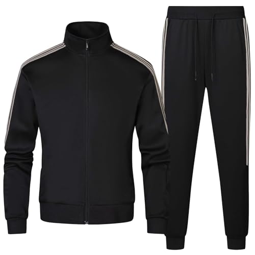Clufar Jogginganzug Herren 2 Piece Trainingsanzug Herren Schwarz mit Reißverschluss Langarm Freizeitanzug Männer Tracksuit Teenager Sportanzug für Fußball Gym,L Black