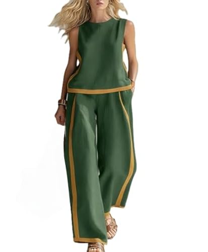 Ensemble d'été en lin pour femme avec débardeur et pantalon large vert taille S