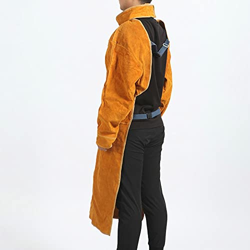 Delantal de ropa de trabajo de cuero de vaca Soldadura Ropa protectora Resistente al calor y al fuego Soldadores Ropa de soldadura Delantal con mangas (120 cm)