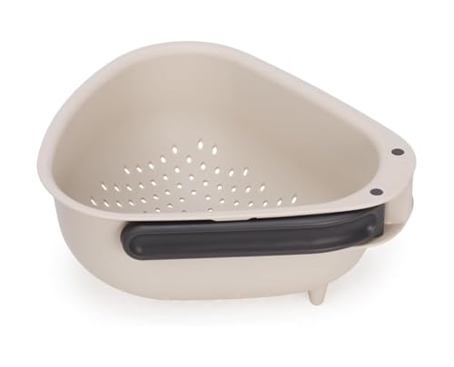 Image of Beige Colander - Folding Handle for Space Saving, Perfect for Rinsing Vegetables, Pasta, Berries, Grains - Compact Kitchen Strainer (1 Pcs) (Big)