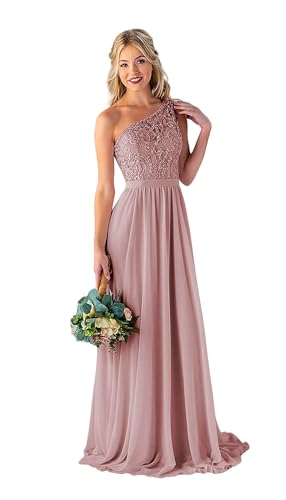 Image of LANGKAAO Women's One Shoulder Bridesmaid Dresses Long for Wedding with Pockets Lace Bodice A-Line Chiffon Formal Party Gown