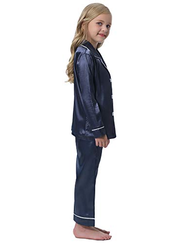 Hawiton Kids Satin Pajamas Set Toddler Girl PJS Long Sleeve Button Satin Loungewear Sleepwear Set with Pocket Dark Blue