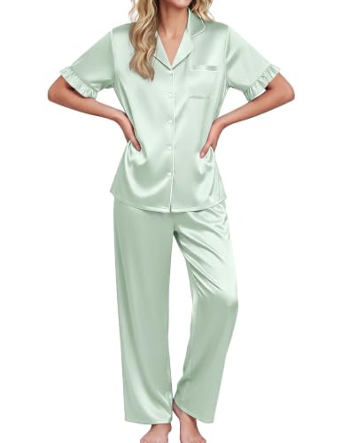Image of Ekouaer Silk Satin Pajamas for Women Set 2 Piece Short Sleeve Button Up Pjs | Two Side Pockets,Soft Bridesmaid Lounge Set,Bridal Ruffle Sleepwear,Wedding Party,Honeymoon Vacation,Postpartum