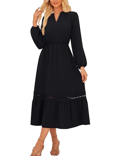 GRACE KARIN Womens Fall Dresses Lace V Neck Long Sleeve Tiered Flowy Maxi Dress Going Out Casual Dresses with Pockets