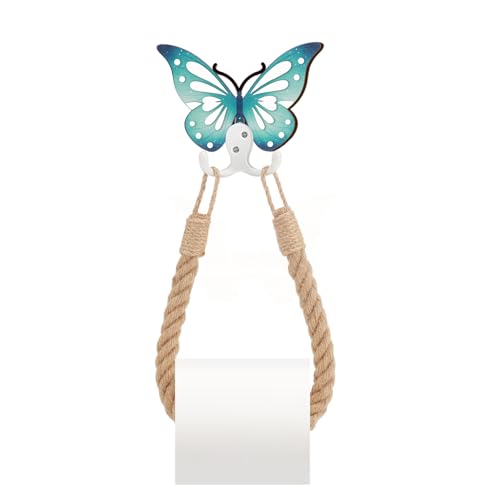 AceOrbit Blue Wood Coastal Butterfly Toilet Paper Holder Nautical Rustic Rope Toilet Paper Holder Wallmounted Towel Ring with Metal Wood Hook Ocean Sea Beach Themed Bathroom Decor