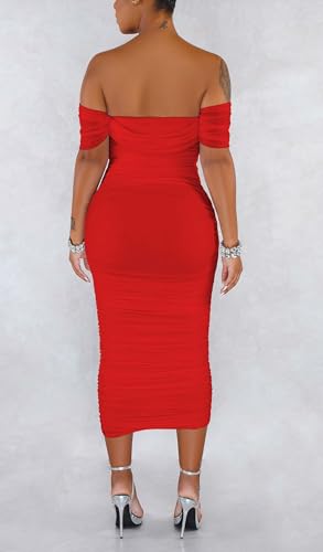 Image of Fooullaide Women's Sexy Off Shoulder Sleeveless Bodycon Ruched Midi Dress | Stretchy, Breathable, Mesh, Not See-Through, Elegant,Formal Gown, Cocktail, Evening, Party, Night Out Tube Dresses