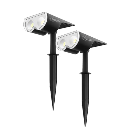 SOLED Solar Spot Lights Outdoor - IP67 Waterproof Garden Lights Solar Powered, Adjustable Cool White LED Pathway Lights, Dusk to Dawn LED Outdoor Light, 2 Pack Solar Spotlight