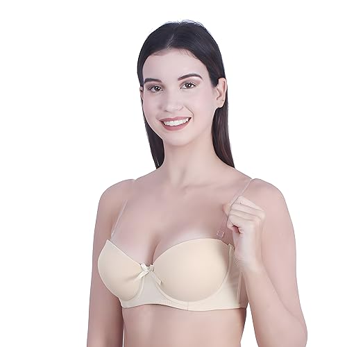 Image of Women's Balconette Bra Transparent Strapless Backless Invisible Clear Back Underwire Pushup Padded Bra Cups Demi