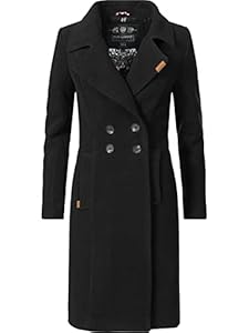 Navahoo Damen Mantel in Wollmantel-Optik langer Trenchcoat mit Reverskragen Wooly Schwarz Gr. M
