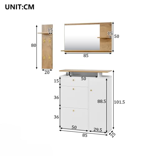 Set di 3 appendiabiti, con illuminazione a LED, specchi, cappelli e scarpiera, con 4 ganci, naturale/bianco, 105 x 25 x 151,5 cm, per corridoio, ingresso