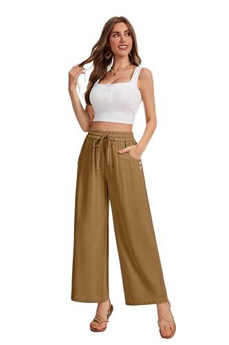 Image of KICZOY Women Flowy Pants Drawstring Waist Wide Leg Palazzo Beach Pants Loose Fit with Pockets