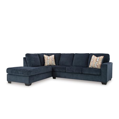 Image of Signature Design by Ashley L-Shape Navy Blue Sectional Sofa with Chaise | Plush chenille fabric for living rooms, 110-inch L-shaped layout, Sag-resistant platform foundation, Aviemore Series