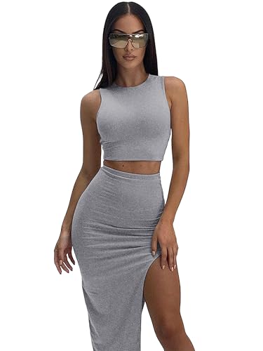 Image of ELLEVEN Sexy 2 Piece Maxi Skirt Sets for Women, Going Out Outfits | High Stretch, Lightweight, Slim Fit, Sleeveless Knit Crop Tank Top, High Slit Skirt Dress Set, Summer Date Night Outfits